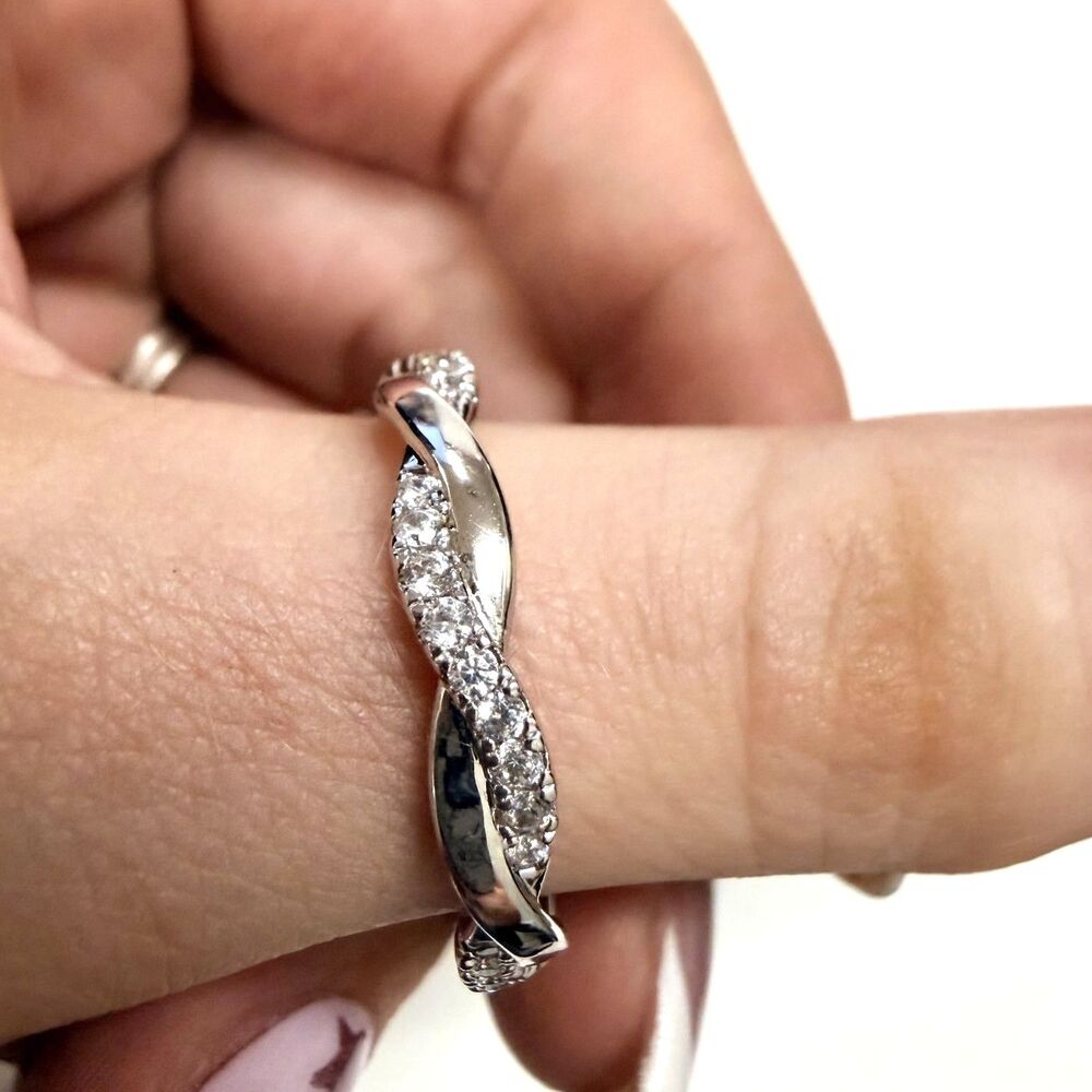 PAVOI 14k White Gold Plated Cubic Zirconia Dainty Twisted Rope Eternity Band 8